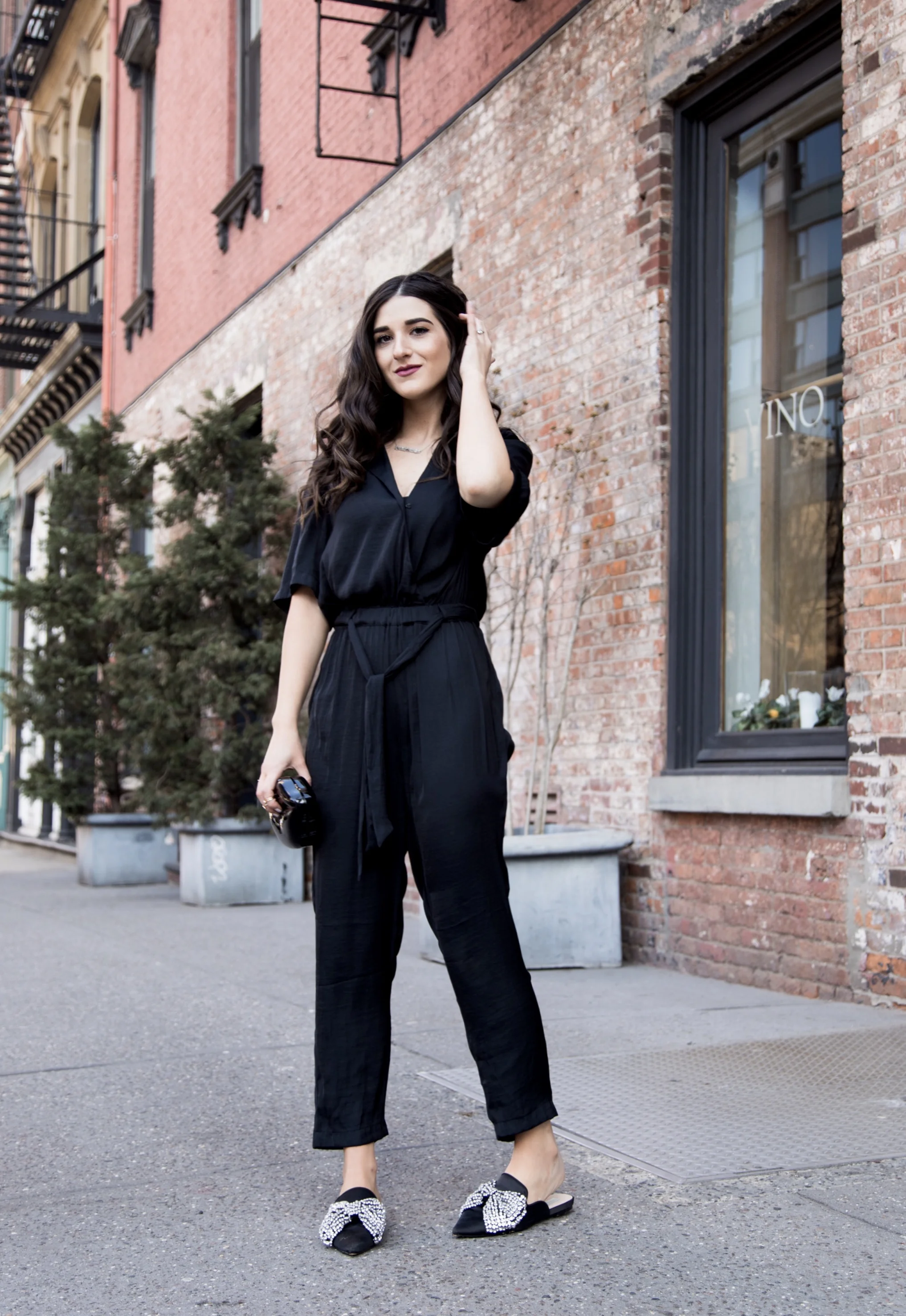 Black top silk jumpsuit
